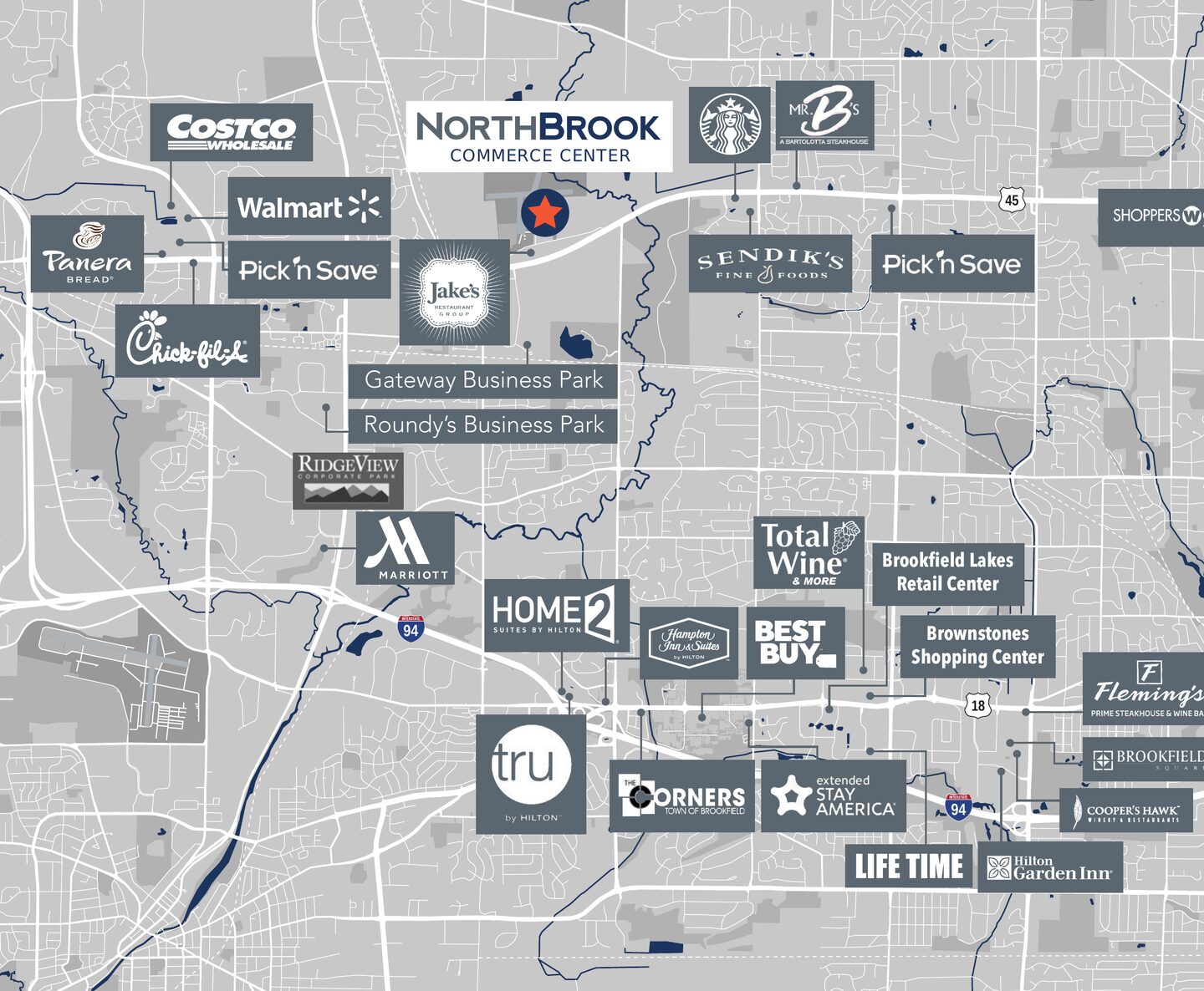 Map of local amenities surrounding NorthBrook Commerce Center including Costco, Walmart, Target, Marriott, Hilton Garden Inn, and more