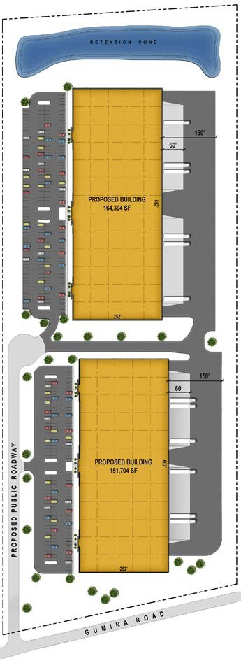 NorthBrook Commerce Center conceptual site plan showing two proposed buildings, parking, loading areas, and retention pond